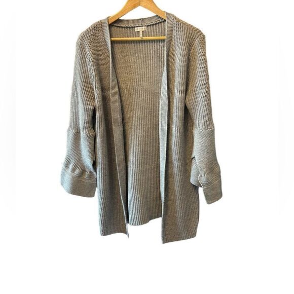 GENTLE FAWN Grey Chunky Knit Slit Flare Sleeve Open Loose Fit Cardigan Sweater - Picture 1 of 9